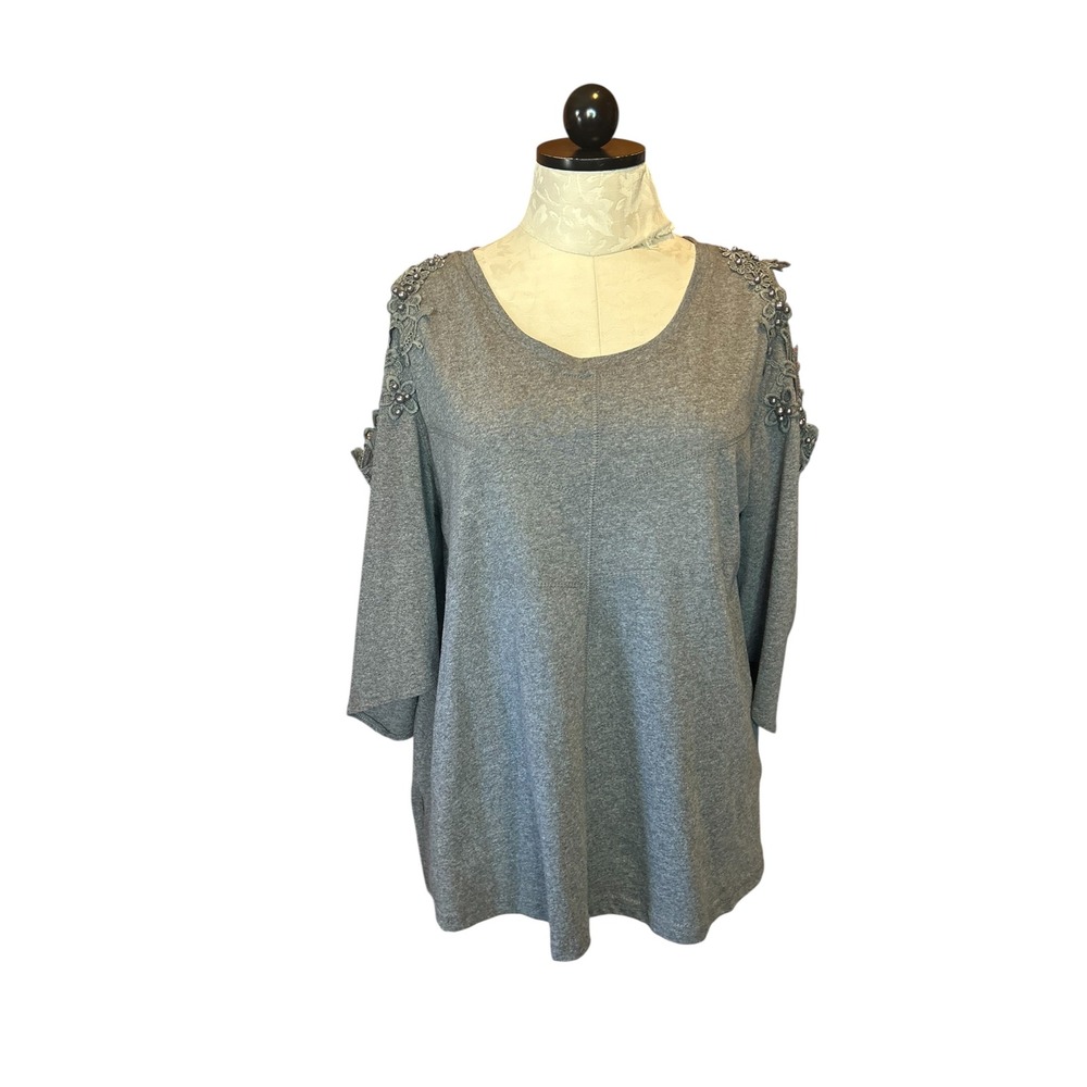 Pretty Angel Grey Cold Shoulder‎ Top Lace Crochet Pearl Detail 3/4 Sleeve Large
